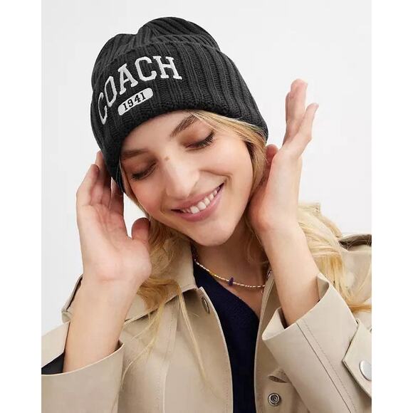NWT Coach 1941 Embroidered Knit Beanie Wool CU806 Black Unisex One Size - Picture 6 of 8